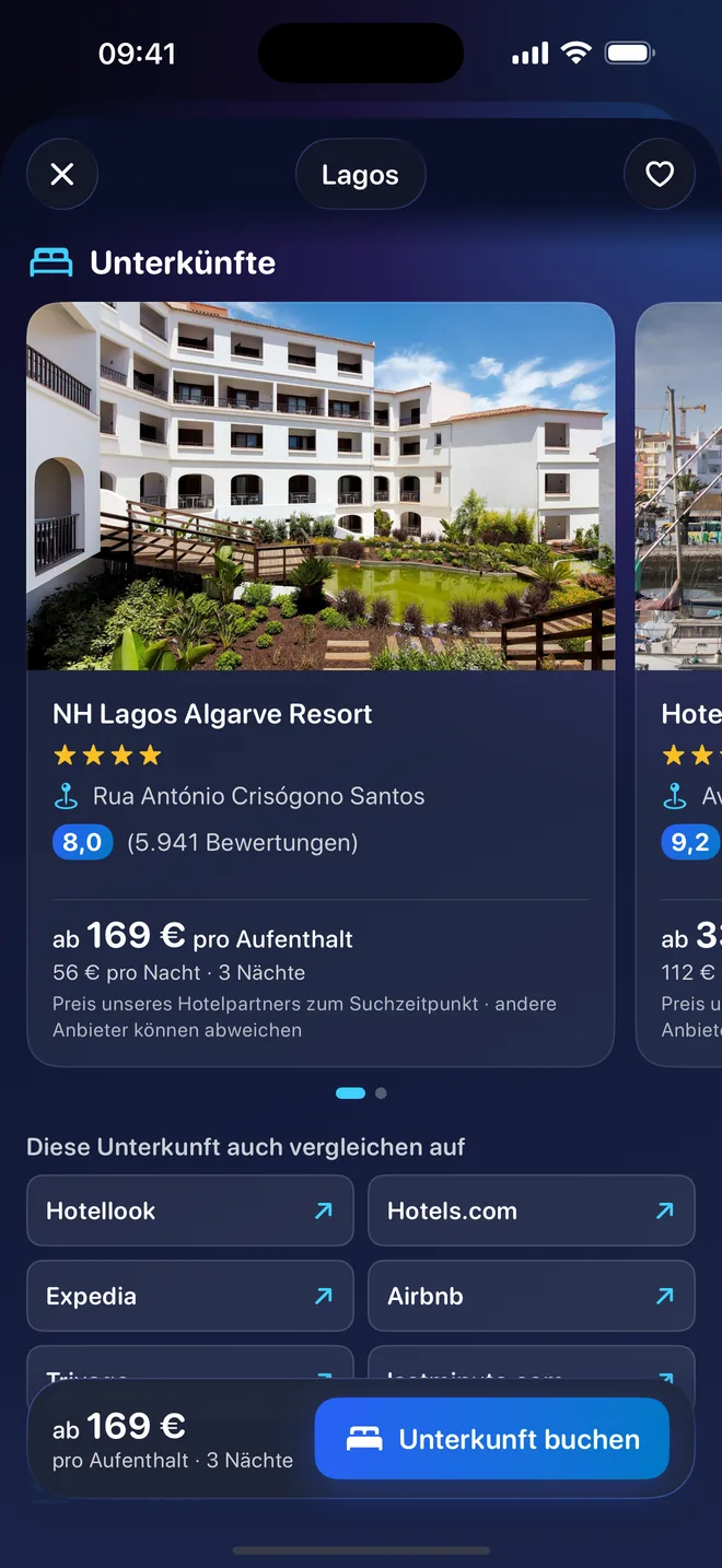 Unterkünfte: ein Partnerhotel mit Foto, Sternen, Gästebewertung und Preis für den Aufenthalt, die Buchungstaste und weitere Anbieter zum Vergleichen