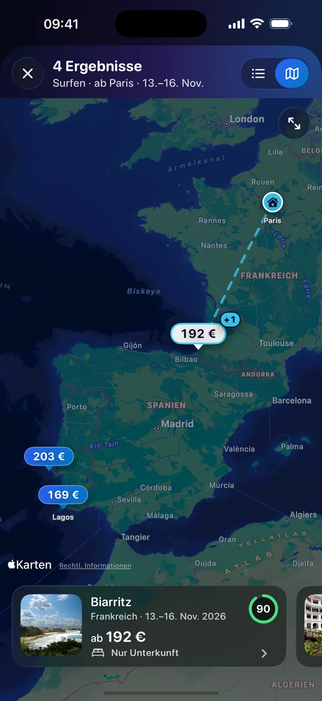 Die Ergebnisse auf einer Karte, mit einem Preis-Pin an jedem Reiseziel