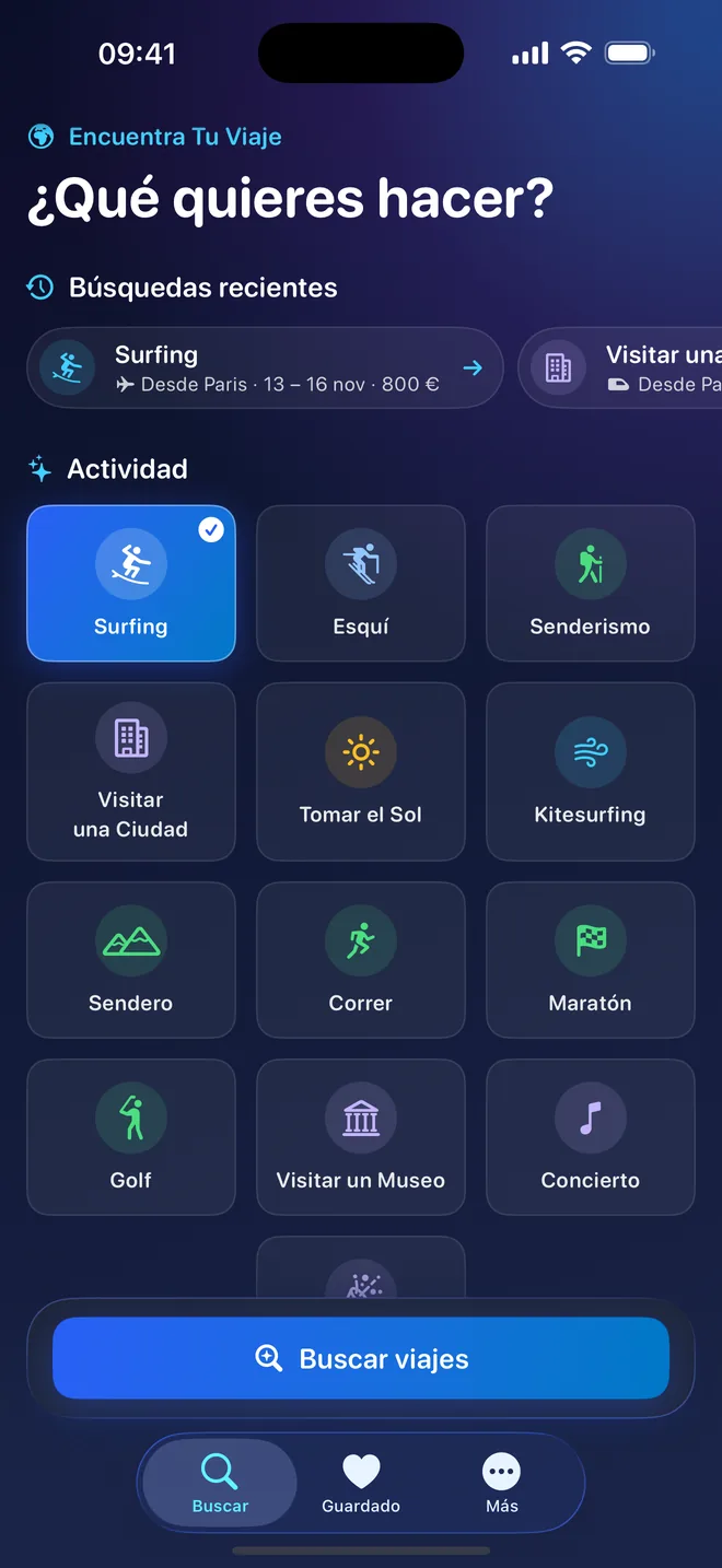 La pantalla Buscar: tus búsquedas recientes, la cuadrícula de actividades con Surfing seleccionado y el botón que inicia la búsqueda