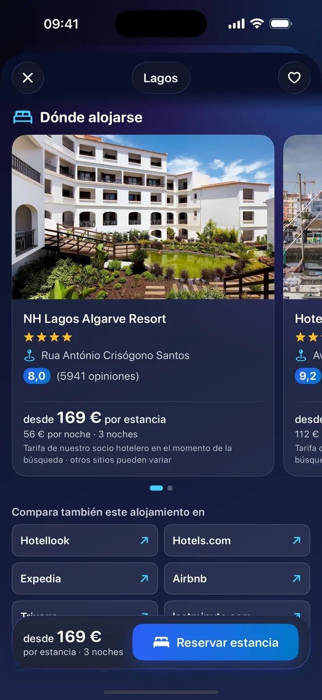 Dónde alojarse: un hotel asociado con su foto, sus estrellas, la nota de los huéspedes y el precio de la estancia, el botón para reservar y otros sitios para comparar