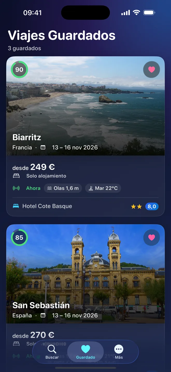 La pestaña Guardado con tres viajes guardados