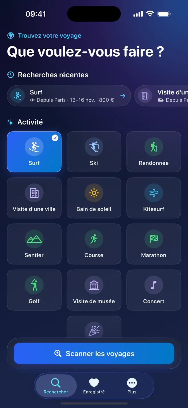 L’écran Recherche : vos recherches récentes, la grille des activités avec Surf sélectionné et le bouton qui lance la recherche
