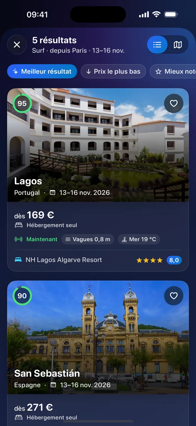Des résultats classés avec un score de correspondance, chacun avec une photo, les dates, un prix des partenaires et les conditions actuelles