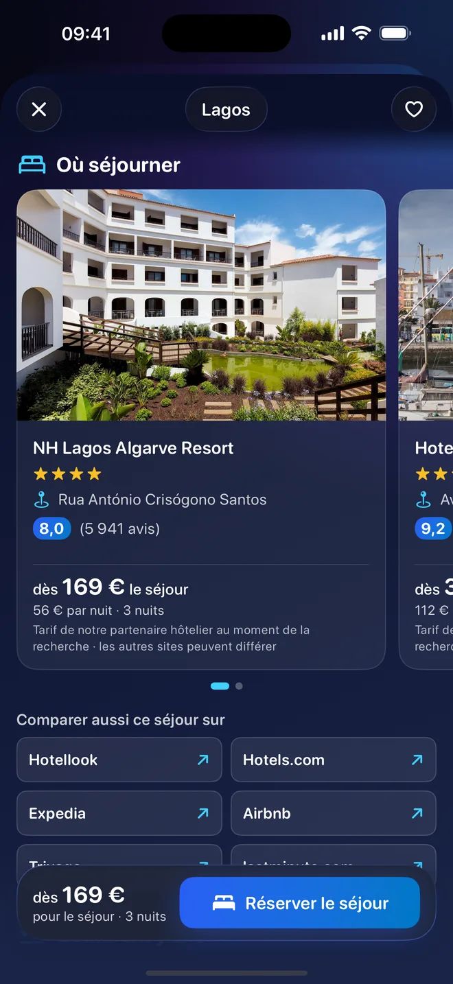 Où séjourner : un hôtel partenaire avec sa photo, ses étoiles, la note des voyageurs et le prix du séjour, le bouton de réservation et d’autres sites à comparer