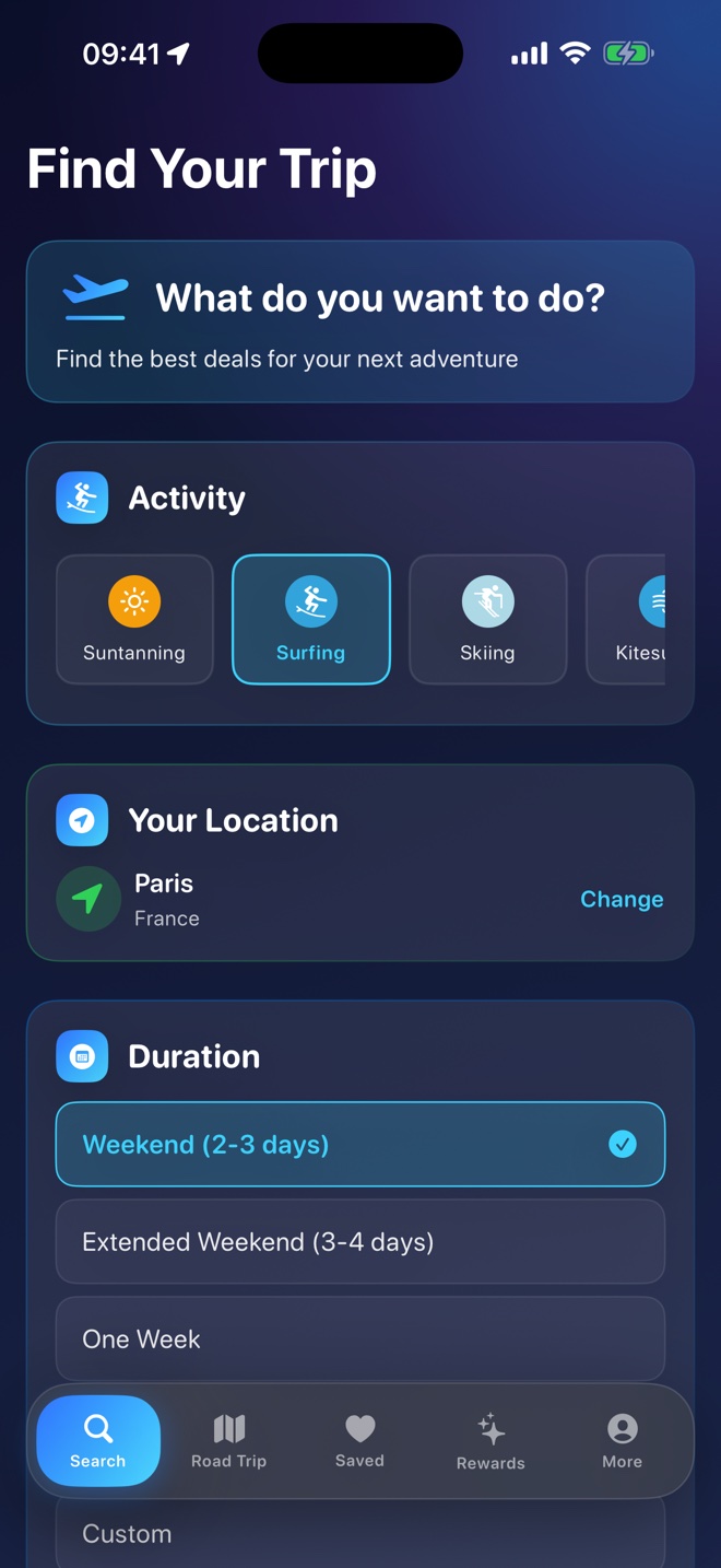 Search — pick an activity, budget and dates