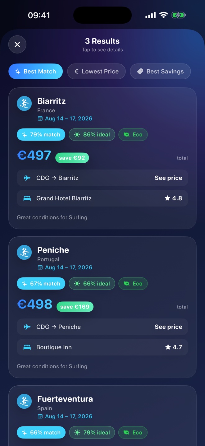 TravelScanning results screen — destinations scored 0–100 with total price