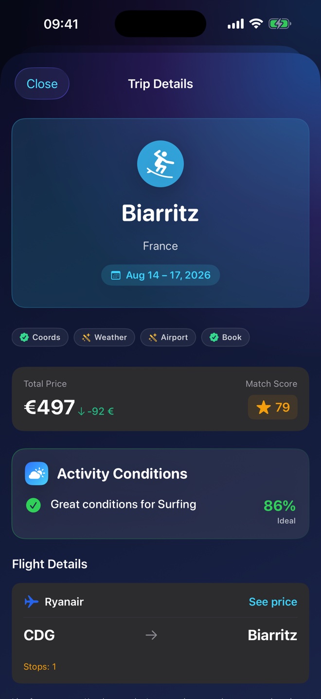 Deal detail — flights, stay, weather, eco alternative